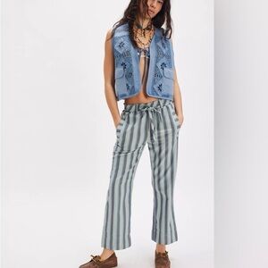 Free People Blue and Green Striped Straight-Leg Pants
